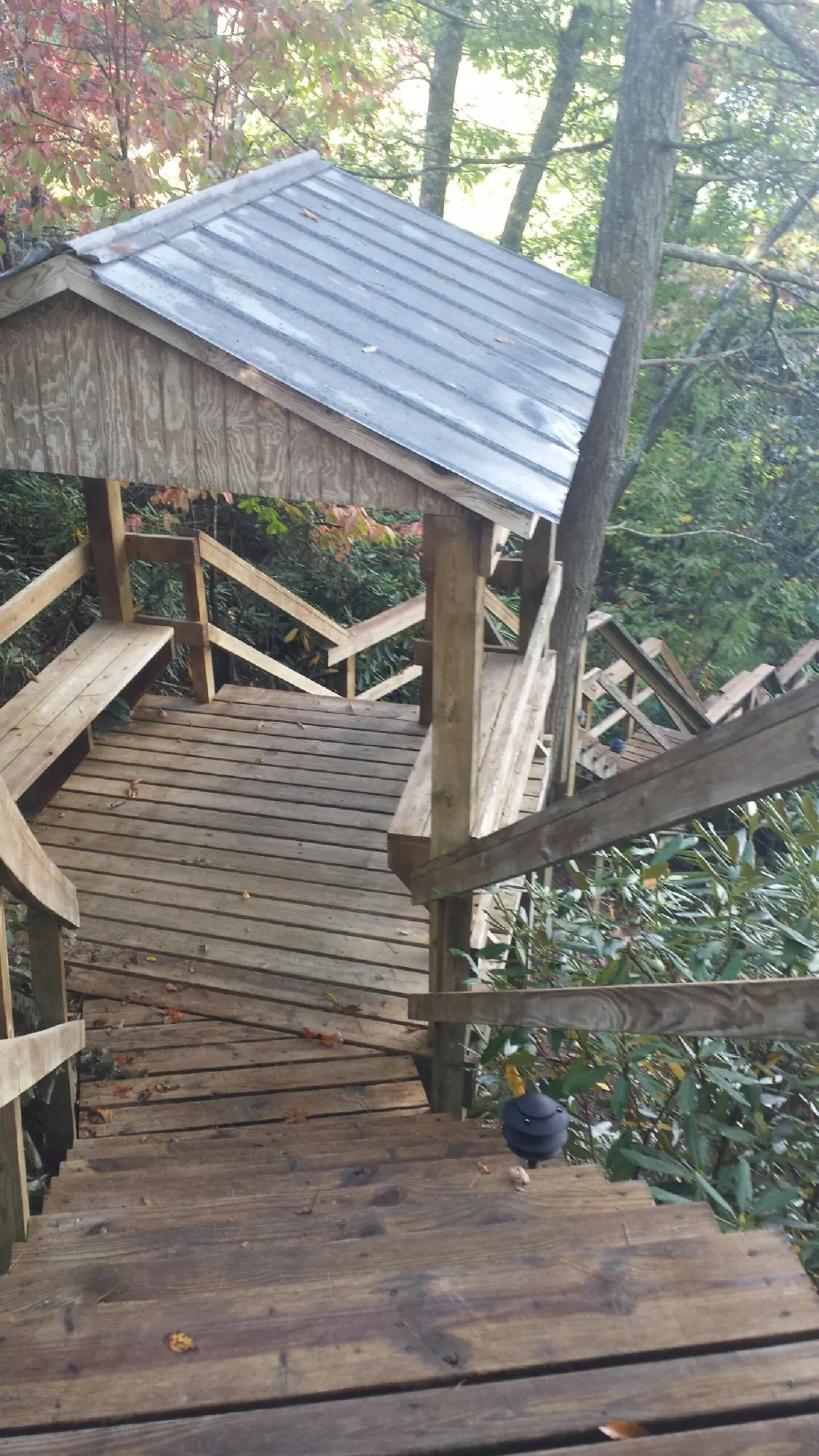 Metal roofed shelter over wooden steps on a wooded walkway — Skylight Repair & Installation work by our crew in Delaplane